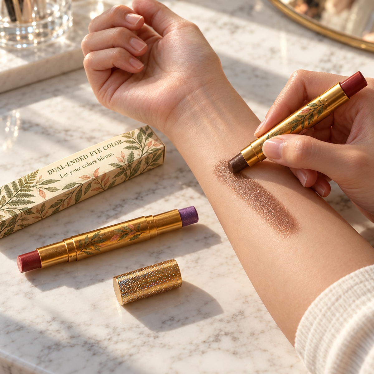 🌿 Eyeshadow | Gold-Tone Casing | Vanity | Her | Botanical Leaf Elegance