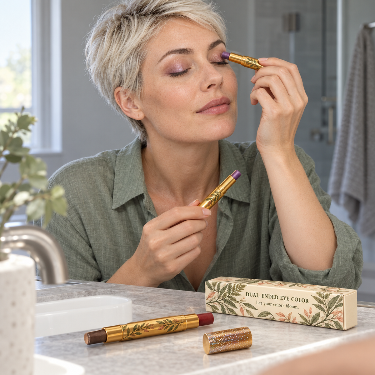 🌿 Eyeshadow | Gold-Tone Casing | Vanity | Her | Botanical Leaf Elegance