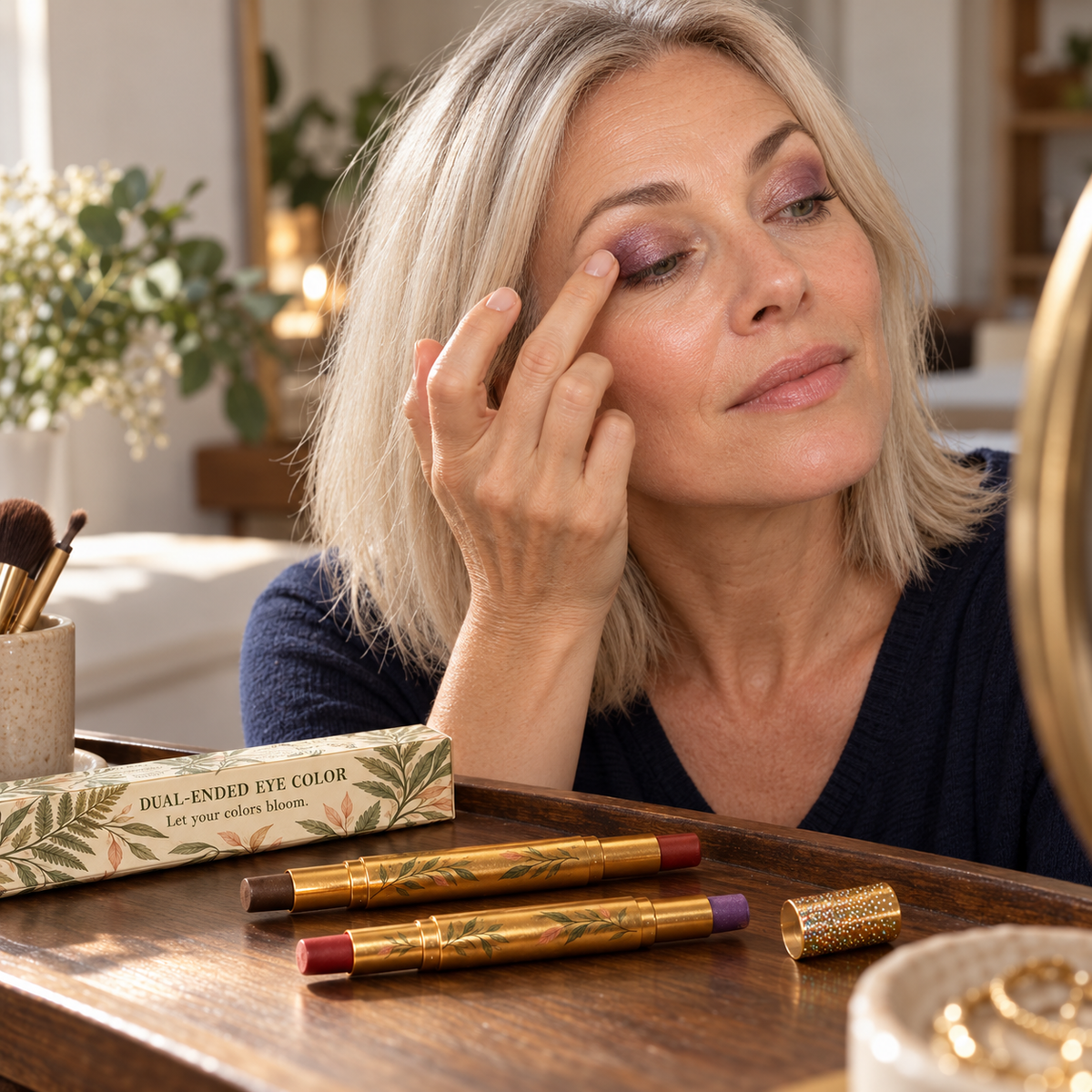🌿 Eyeshadow | Gold-Tone Casing | Vanity | Her | Botanical Leaf Elegance
