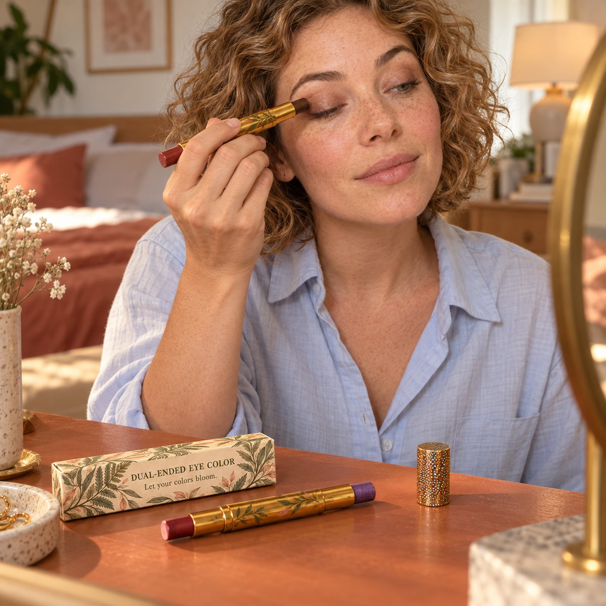 🌿 Eyeshadow | Gold-Tone Casing | Vanity | Her | Botanical Leaf Elegance